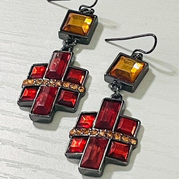 Jewelry - Red & Amber Geometric Dangle Earrings - Gunmetal Tone